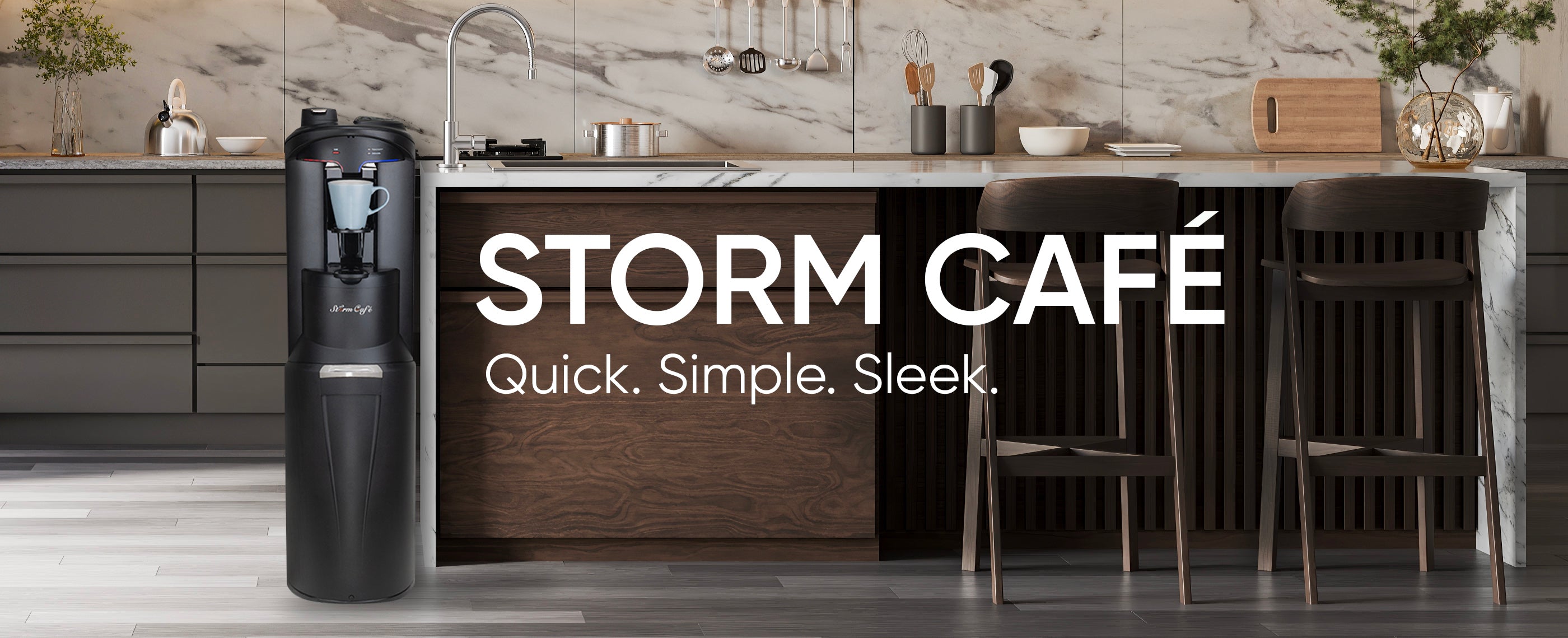 Modern kitchen with 'Storm Cafe' branding and text.
