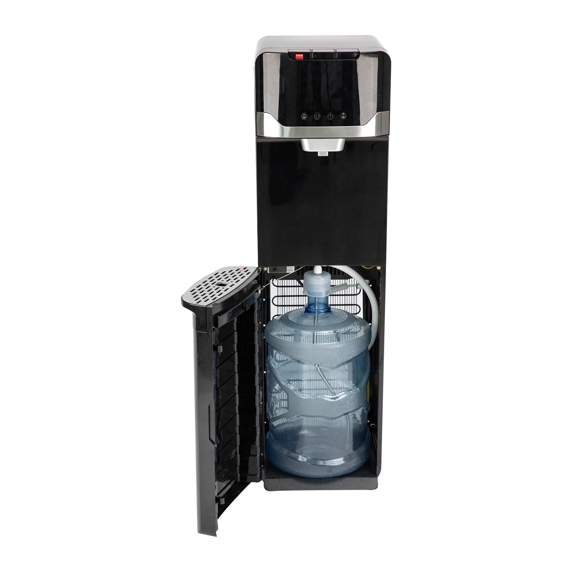 Tahoe Tri-Temperature black water cooler dispenser front view with bottle placement