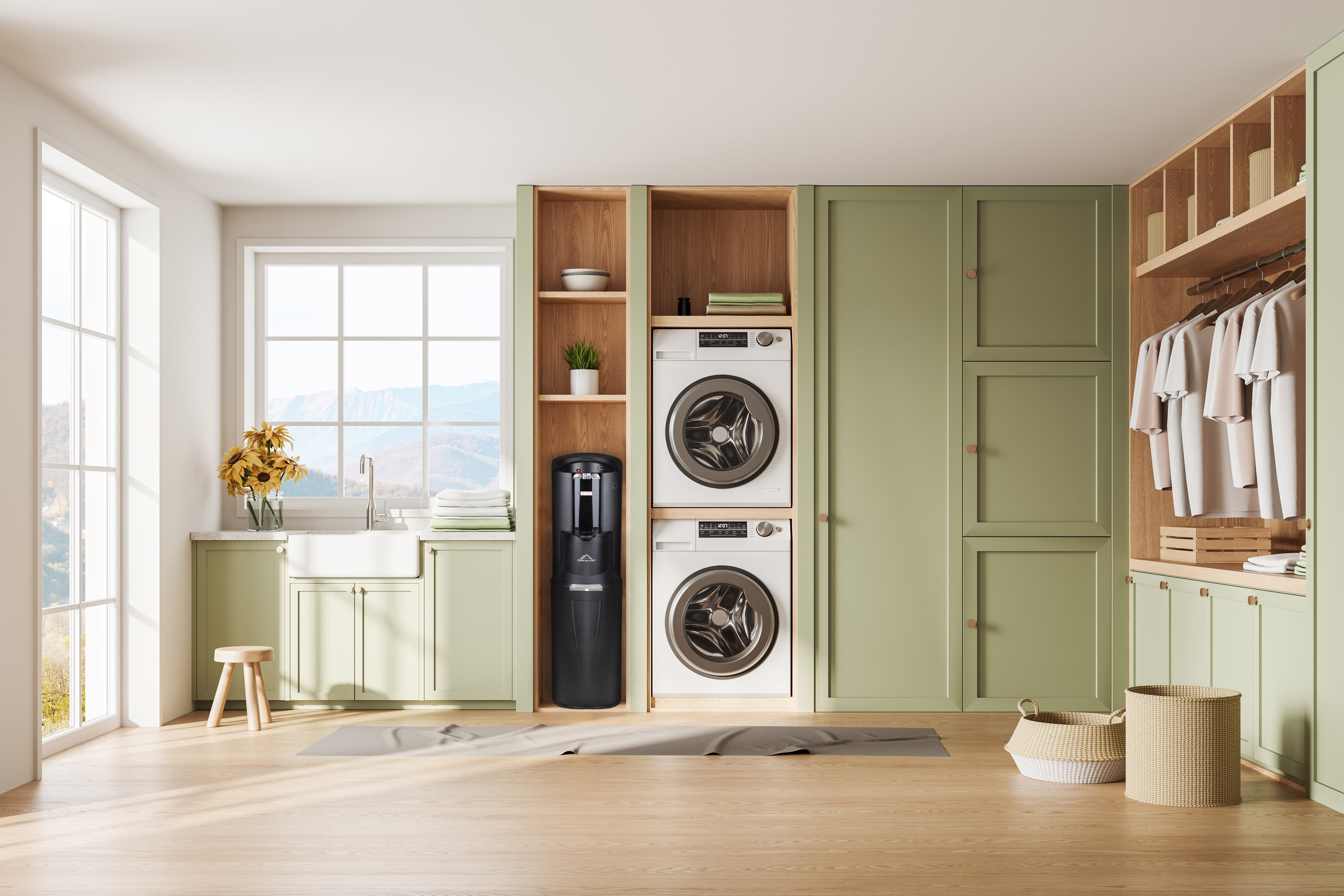 Storm home water cooler dispenser installed in a laundry room